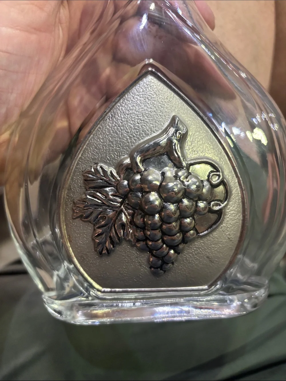 Clear Glass Decanter with Silver-Tone Medallion